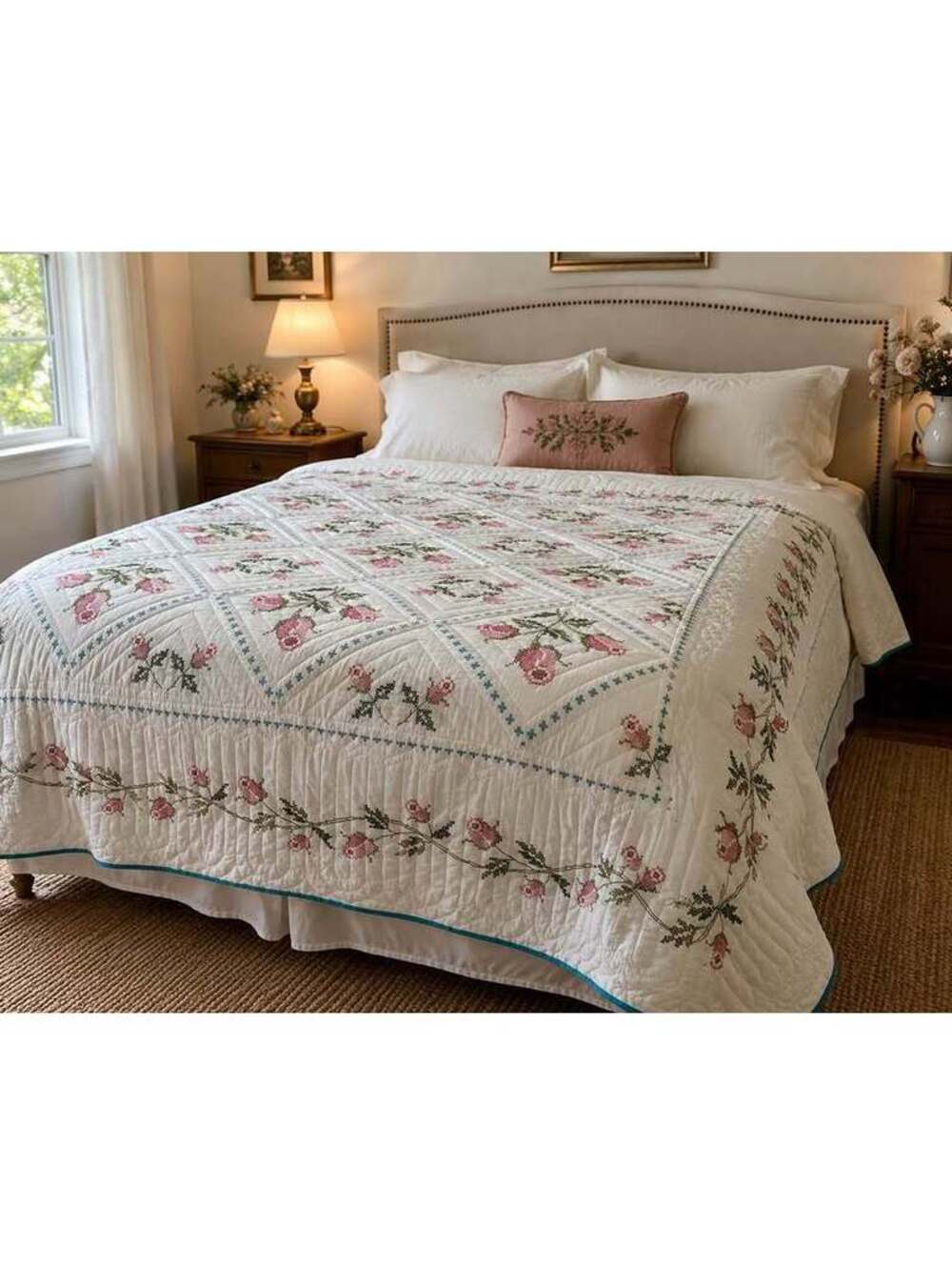 Vintage Hand Embroidered Cross Stitch Rose Quilt Queen 80x96 Floral Bedding